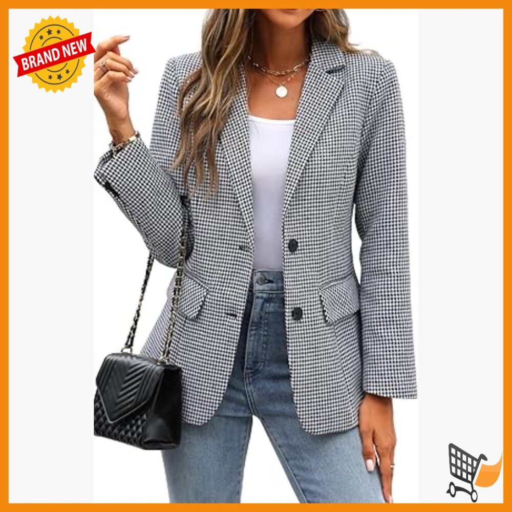 Women's Lapel Collar Plaid Boyfriend Blazer Suit Houndstooth Work Office Jacket